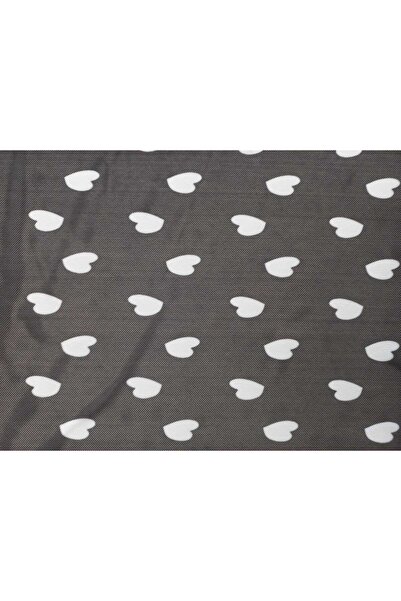 SİYAH ZEMİN BEYAZ KALPLER TÜL KUMAŞ %100 polyester Likralı tül Elbise , Etek, Bluz , Gömlek , Pareo Kumaşı