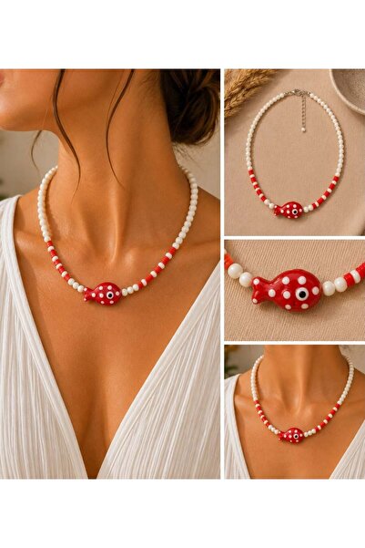 MARE BUTİK White Bead Necklace with Red Fish Figure