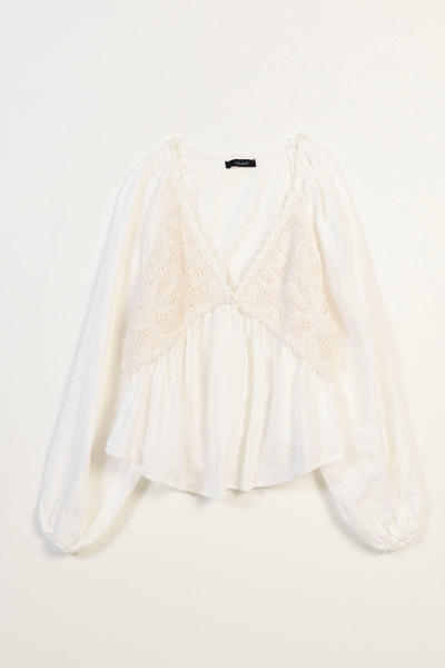 Nisan Tri̇ko Detailled V-Neck Balloon Sleeves Cotton Blouse Ecru