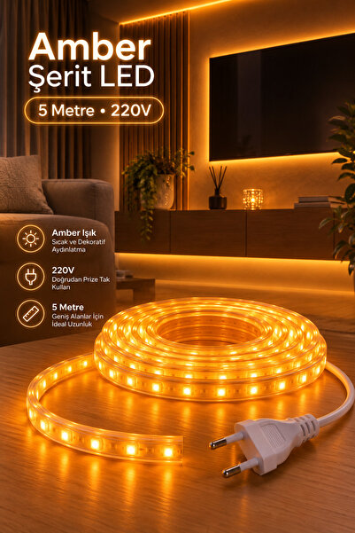 Edison 5 Metre Amber Şerit LED 220V Dekoratif Aydınlatma 5 cm Kesilebilir Sıc...