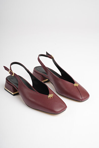 LORVENA Women's Burgundy 4 cm Thick Short Heeled Open Back Shoes with Gold De...