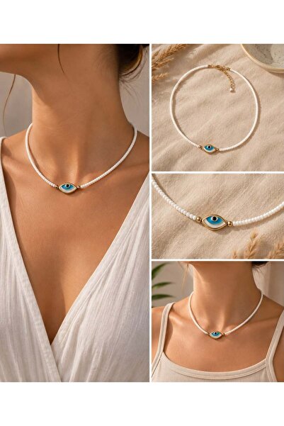MARE BUTİK White Beaded Evil Eye Necklace with Gold Detail