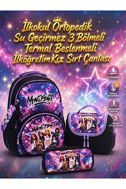 NVS Manifest Tasarımlı Kız Çocuk 3'lü Okul Seti -İlkokul/Ortaokul Sırt Çantas...