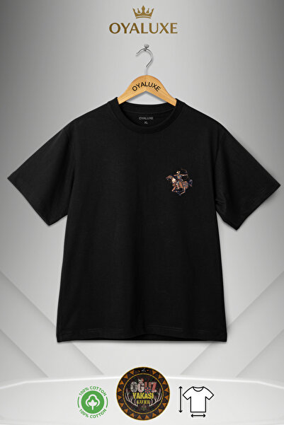 OyaLuxe Atlı Okçu Türk Etnik Motifli Göğüs Baskılı Unisex Siyah Tişört %100 Pamuk Erkek & Kadın T-Shirt