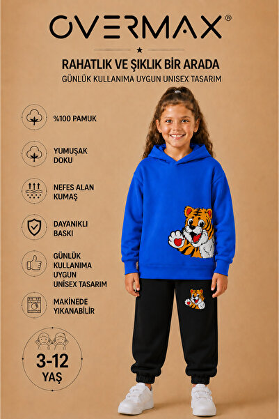 OVERMAX Baby Tiger Printed Children's Hooded Sweatshirt Set – Ages 3-12