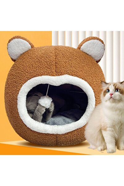 OEM Culcuș semi-deschis pentru pisici cu minge suspendată, moale, 'Teddy Bear', Maro, M 34x34x33cm