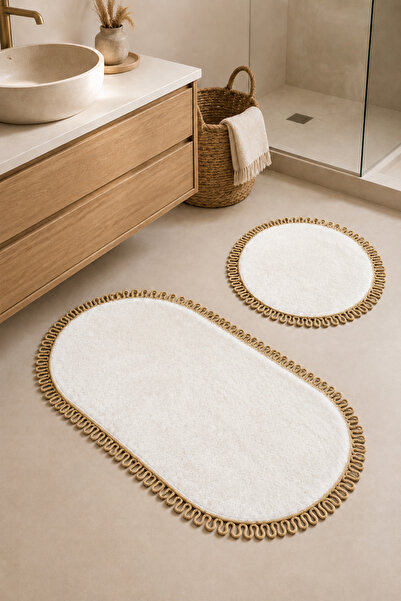KAAN HOME Handmade Bohemian Bath Mat Set of 2 Plush Non-Slip Gel Base Round 6...