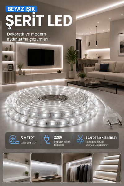 Edison 5 Metre Beyaz Işık Şerit LED 220V 5 cm Kesilebilir Dekoratif Aydınlatm...