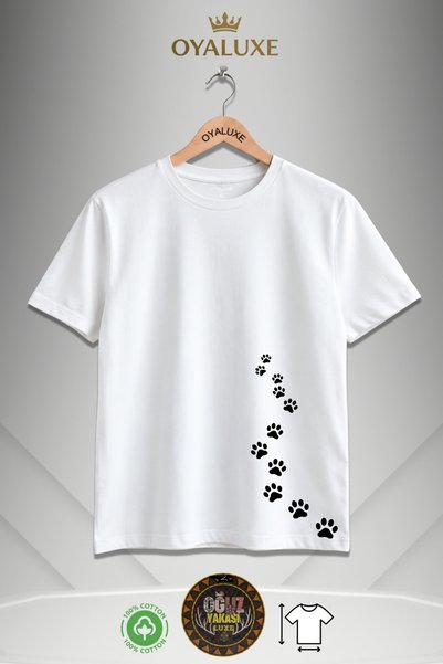 OyaLuxe Pati İzleri Minimalist İllüstrasyon Baskılı Unisex Beyaz Tişört %100 Pamuk Erkek & Kadın T-Shirt