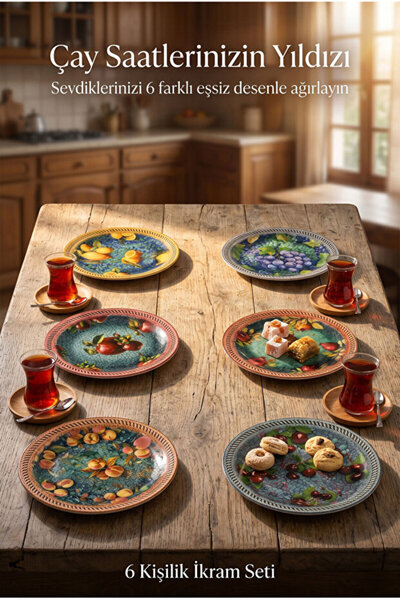 MGEStore Set de 6 farfurii ceramice pentru prăjituri din seria Alaçatı Esinti...