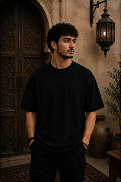 ZAVIXO Lacivert Erkek Oversize Hat Sanatı Baskılı Premium Pamuk Tişört – Etnik Desenli Casual Streetwear T-Shirt