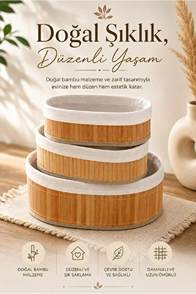 AYGÖREN HOME 3-Piece Oval Pinterest Style Bamboo Basket |   Multi-Purpose Use...