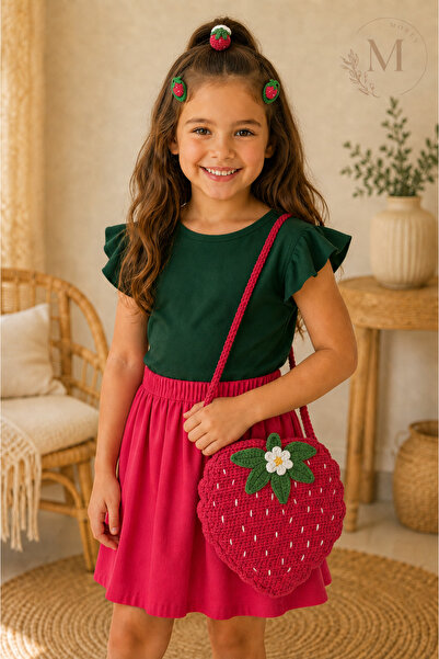 Morey Strawberry Design Red Hand Knitted Children's Bag and Hair Accessory Set