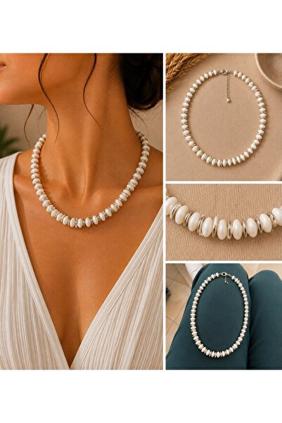 MARE BUTİK White Disc Bead Necklace with Silver Detail