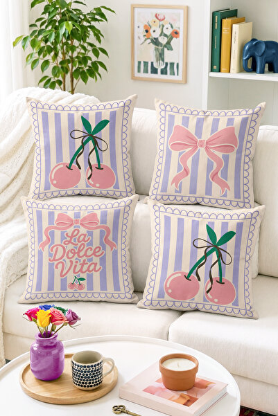 Home Kiraz ve Fiyonk Motifli Lila Çizgili La Dolce Vita Desenli Dekoratif Yas...
