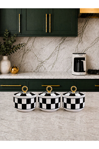Bibo Home Kahvaltılık - 3 lü Set Seramik Siyah Damalı Halka Zamaklı