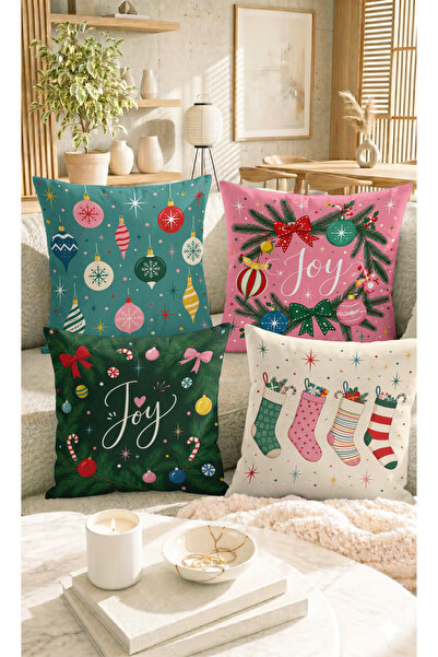 Home Yılbaşı Temalı Çam Dalı, Noel Süsü ve Çorap Desenli Dekoratif Yastık Kıl...