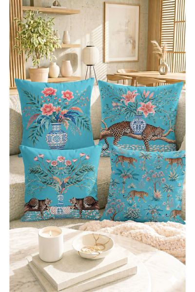 Home Turkuaz Leopar, Çiçek ve Vazo Desenli Egzotik Dekoratif Yastık Kılıfı - ...