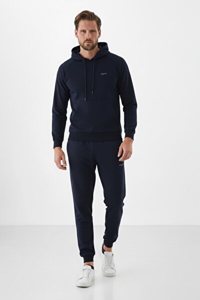 Piyera Men's Navy Blue Two-Thread Hooded Elastic Waist Sweatpants Set - 7720