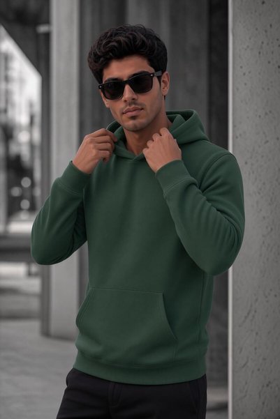 Oksit Hanorac de bază cu glugă, cu două fire, pentru bărbați, marca Bery |   Hanorac casual de culoare uni cu buzunar cangur
