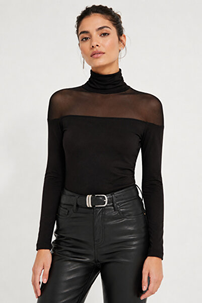 Sienza Women's Black Tulle Detailed Turtleneck Long Sleeve Blouse