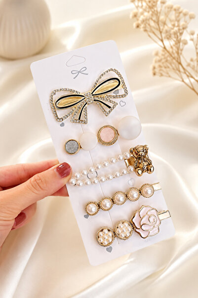 THE Steel Women's Hair Clip Set with Pearl and Bow Detail, Gold Color