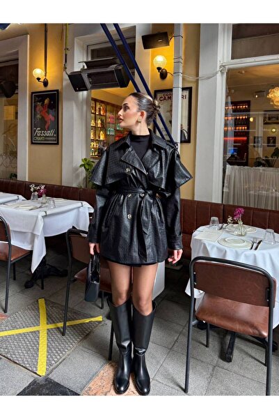 LOKADI Women's Leather Cape Short Trench Coat Double-Breasted Belted Jacket