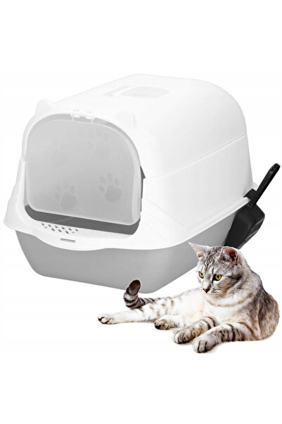 Danex Closed cat litter box with flap and scoop, DANEX, White/Grey/Black
