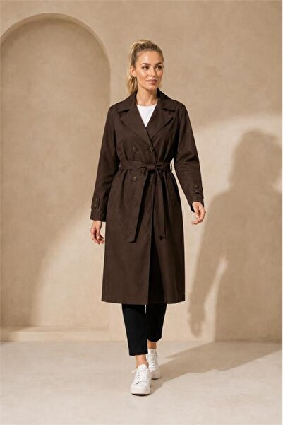 Neşeli Butik Women's Brown Full-Length Belted Seasonal Trench Coat with Ankle...