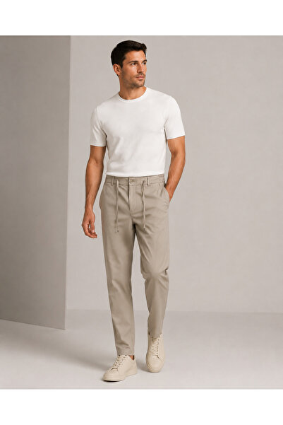 Danger Men's Comfort Fit Trousers with Elastic Waist Beige 0170Ddngr