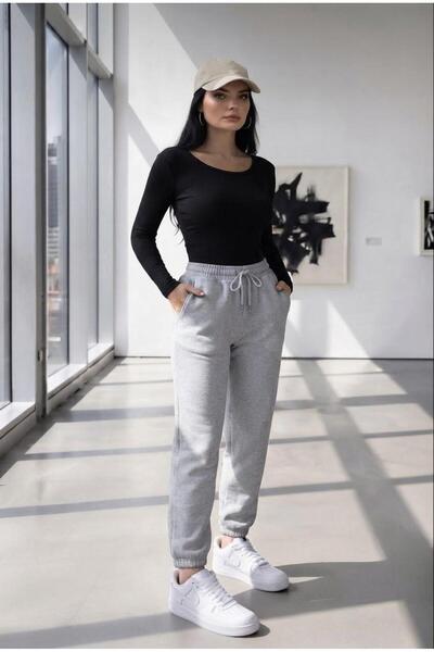CAST COLLECTİON Women's Gray 3-Thread Combed Cotton Sweatpants