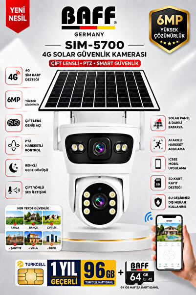 BAFF GERMANY SIM-5700 6MP 4G SIM Kartlı Solar Güvenlik Kamerası Çift Lens PTZ...