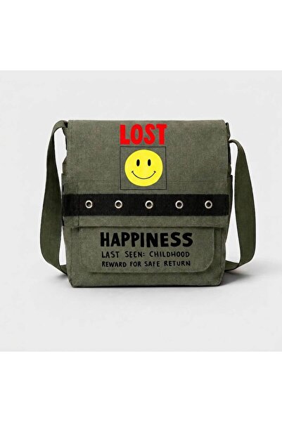 nesebutik Khaki Lost Happiness Printed Round Eyelet Messenger Bag