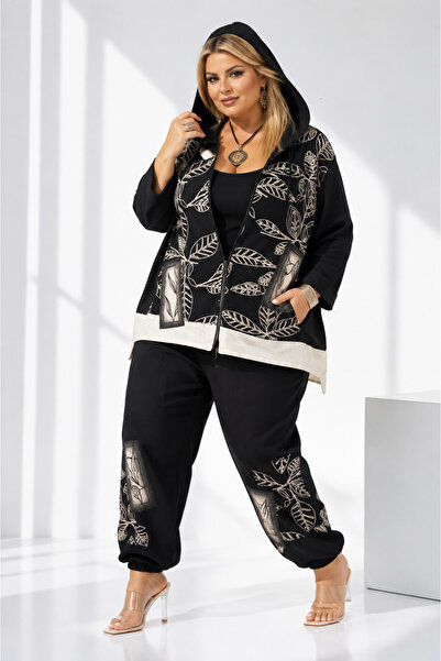 DARKWIN Plus Size Hooded Zippered Leaf Patterned Pocket Stylish Sports Women'...