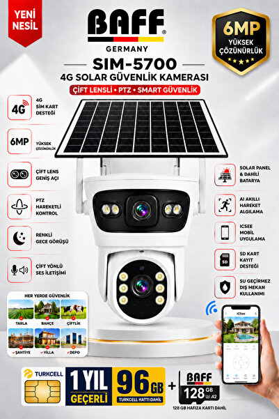 BAFF GERMANY SIM-5700 6MP 4G SIM Kartlı Solar Güvenlik Kamerası Çift Lens PTZ...