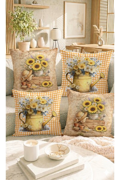 Home Vintage Ayçiçeği ve Sulama Kabı Çiçek Desenli Turuncu 4'lü Kırlent Kılıf...