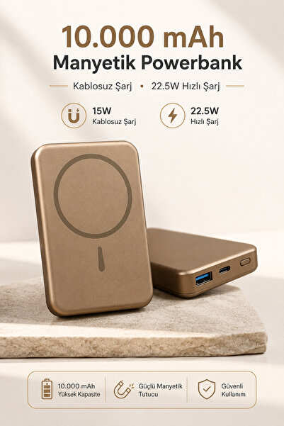 Cepsuar Gold 10.000 mAh MagSafe Manyetik Powerbank 22.5W Hızlı Şarj 15W Kablo...