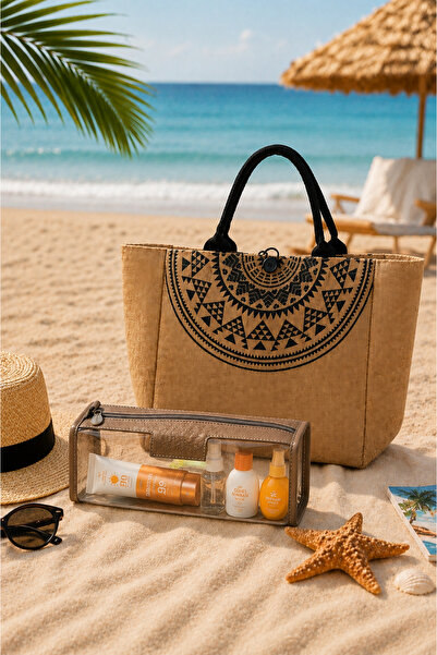 GNC DESİGN 2-Piece Beach Bag and Makeup Bag Set – Straw Ethnic Pattern Beach ...