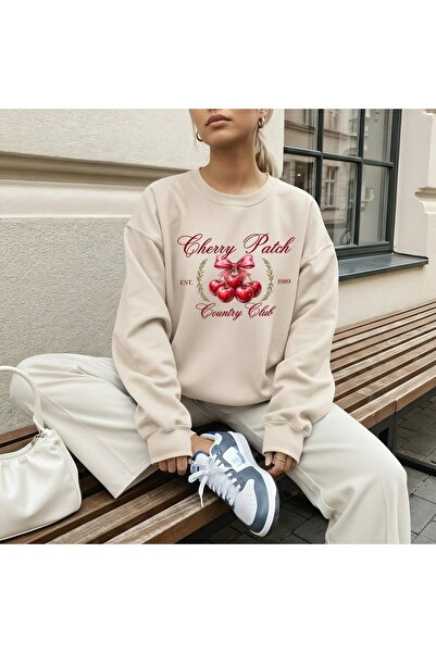 Hira Online Women's Cherry Patch Printed Three-Thread Ribbed Sweatshirt
