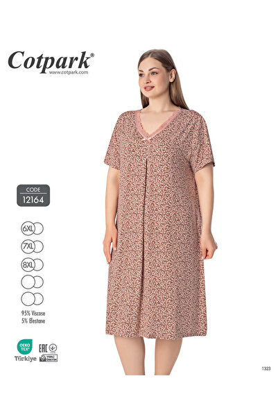 Cotpark Women's Plus Size Patterned V-Neck Short Sleeve Viscose Nightgown 12164
