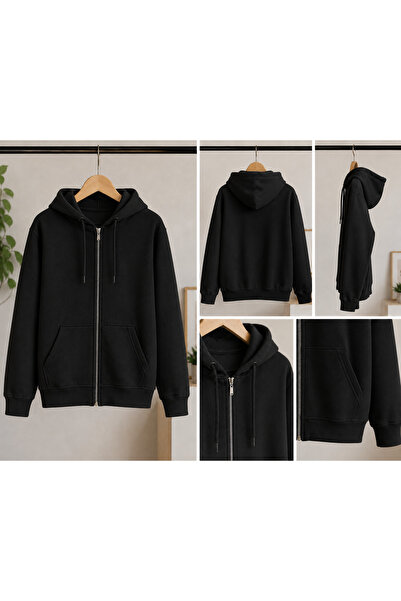 Siyah Fermuarlı Kapüşonlu Sweatshirt
