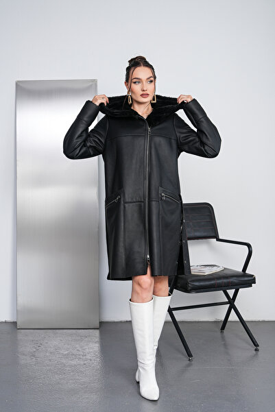 Metins Leather Kadın İçi Kürklü Kapüşonlu Hakiki Deri Kaban - 317Silky