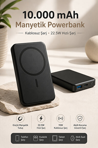 Cepsuar Siyah 10.000 mAh MagSafe Manyetik Powerbank 22.5W Hızlı Şarj 15W Kabl...