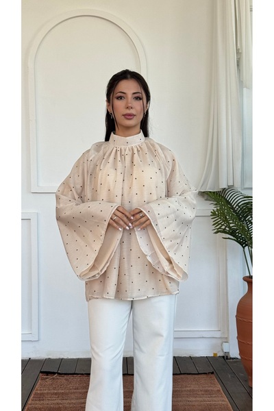 KEVRA Polka Dot Stand Collar Lined Blouse