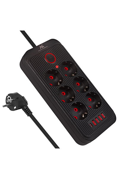 Maclean power strip, 6 socket extension + 4xUSB, 110-240V AC 50/60Hz, 2.1A ma...