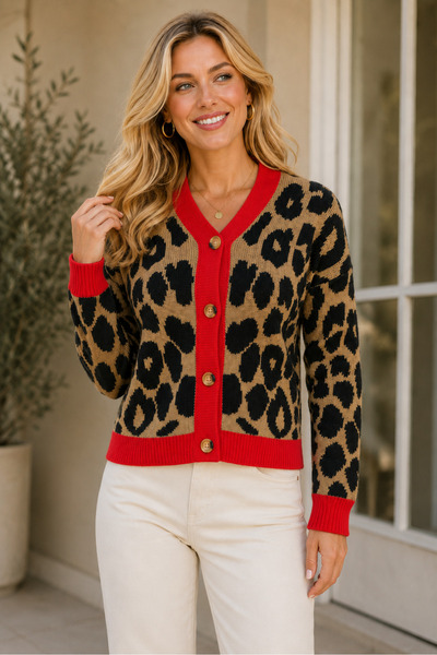 AQE FASHION Women's Long Sleeve V-Neck Leopard Pattern Buttoned Casual Stylis...