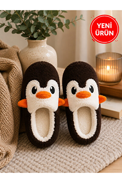 MOON CLOUD UNISEX Peluş Ev Terliği Penguen Desenli Kışlık Kapalı Burun Yumuşa...