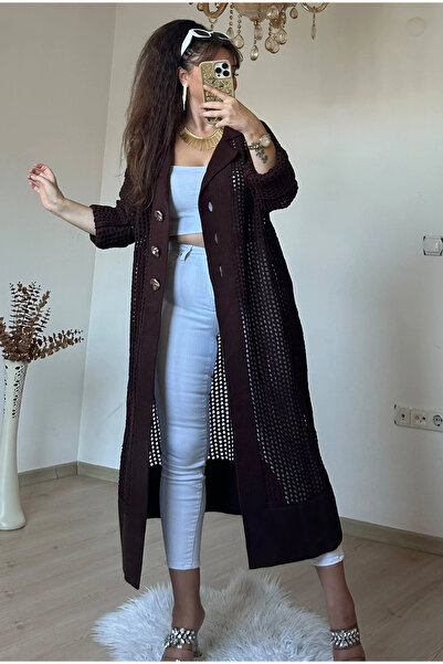 AZRA BUTİK Gold Dugmeli Mesh Cardigan Bitter Brown