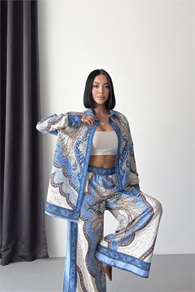 Neşeli Butik Women's Blue Imported Fabric Patterned Shirt and Trousers Double...