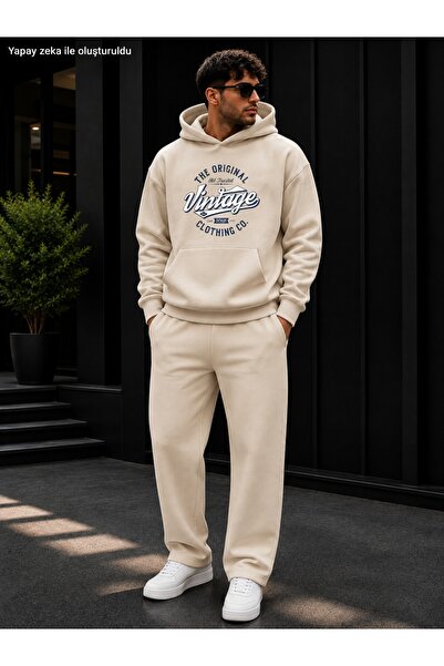 caddekombin Men's the Original Vintage Printed Tracksuit Set / Hooded Kangaro...